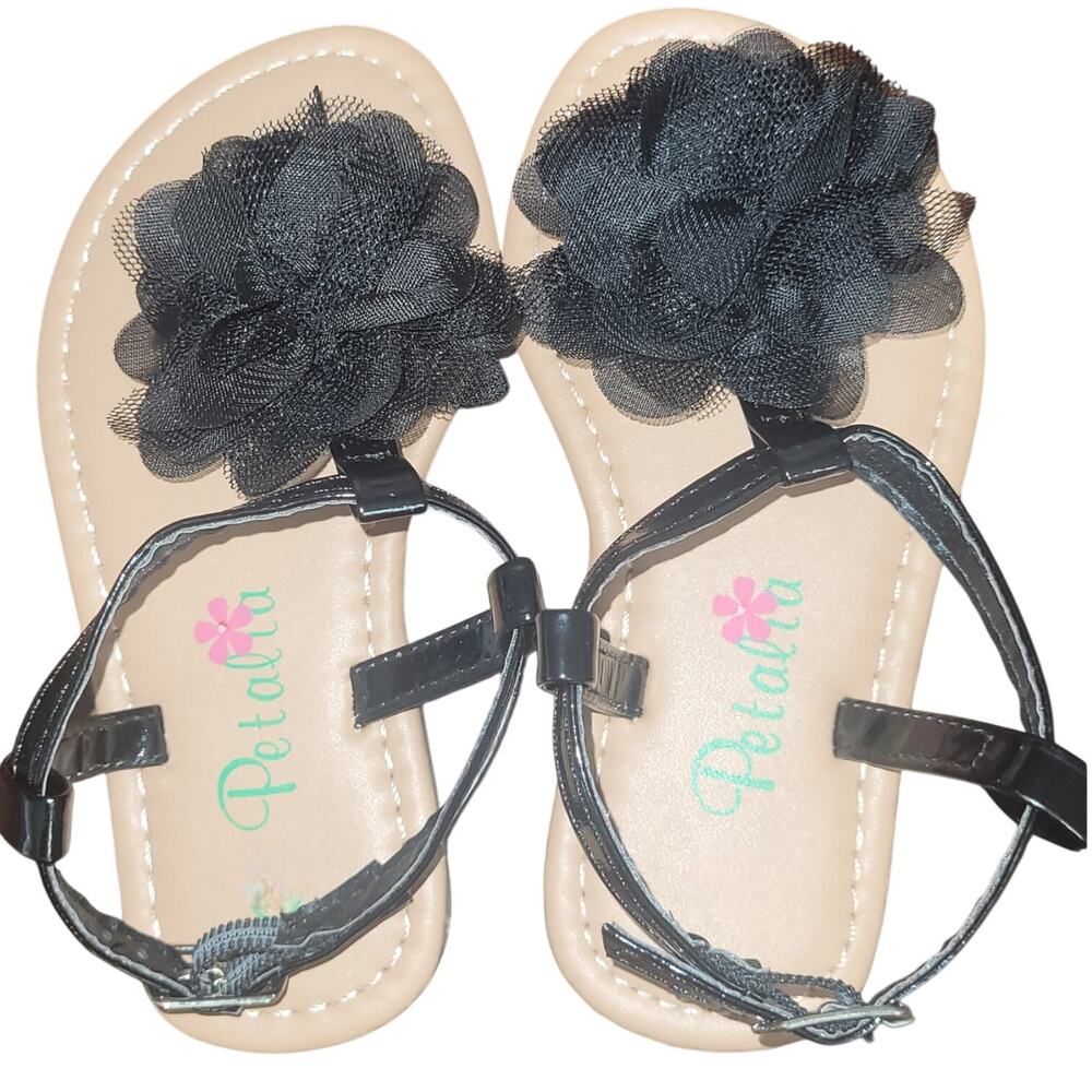 Petalia Toddler Girls' Sandals, 10,  Black Patent - Black Mesh Flower Sandal